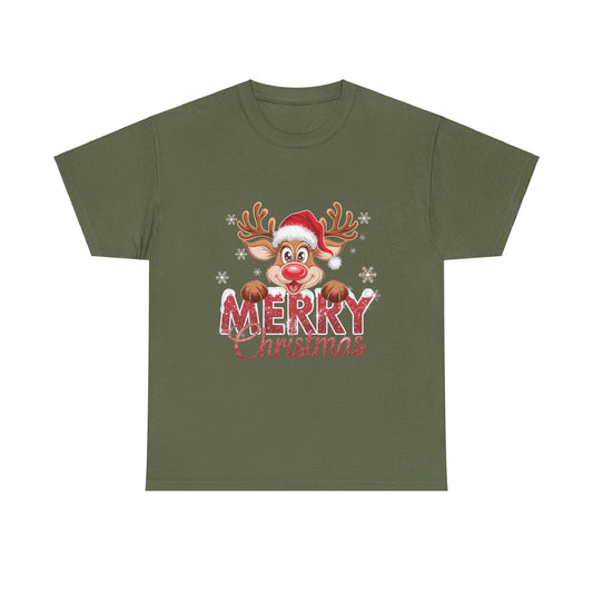 Merry Christmas Reindeer Unisex Heavy Cotton Tee - 100% Cotton