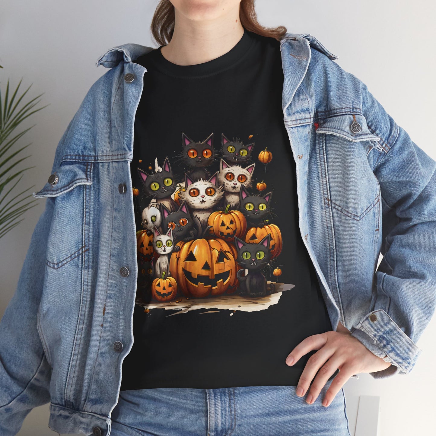 Funny Halloween Cat & Pumpkins Design Unisex Heavy Cotton Tee - 100% Cotton, Classic Fit