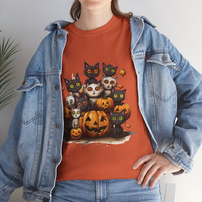 Funny Halloween Cat & Pumpkins Design Unisex Heavy Cotton Tee - 100% Cotton, Classic Fit