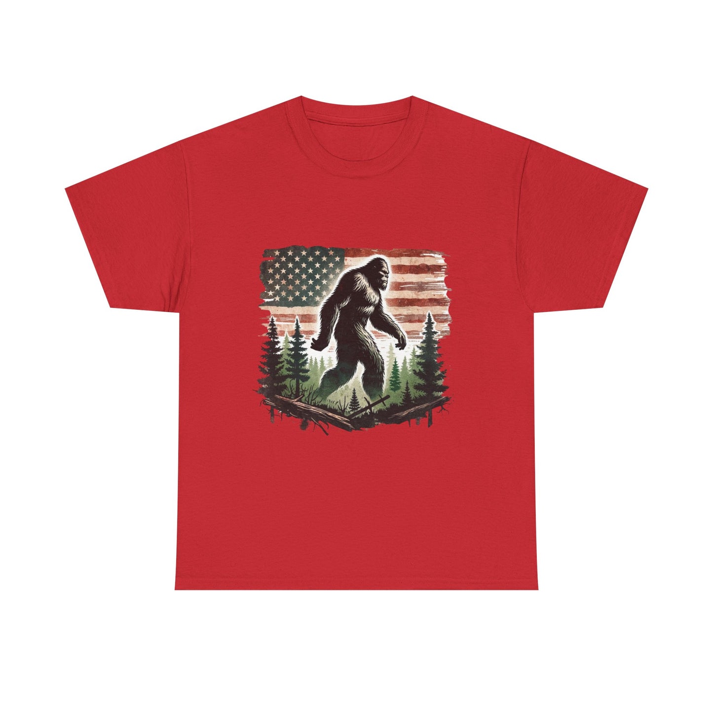 Bigfoot American Flag Shirt – Sasquatch Forest Graphic Cotton Tee