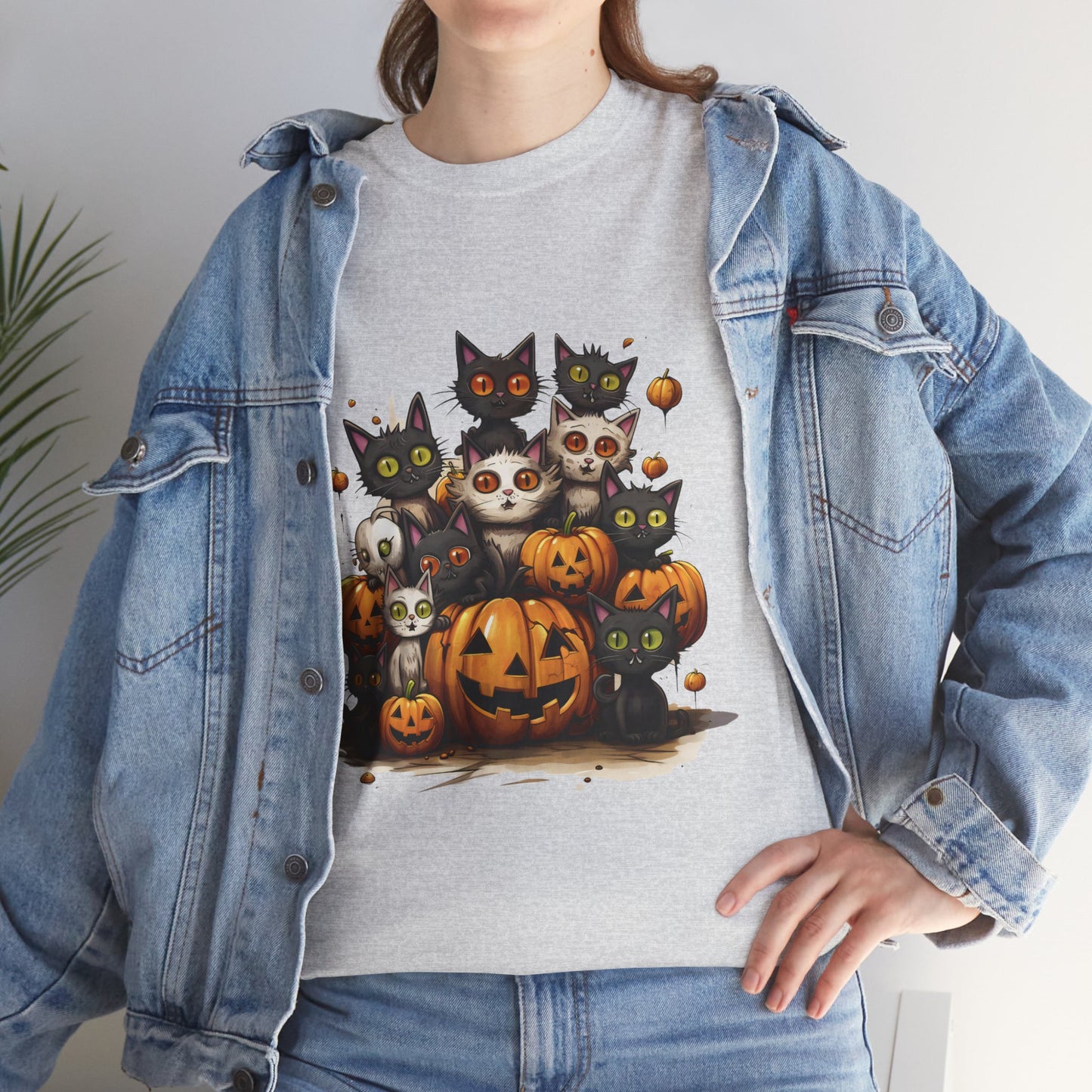 Funny Halloween Cat & Pumpkins Design Unisex Heavy Cotton Tee - 100% Cotton, Classic Fit