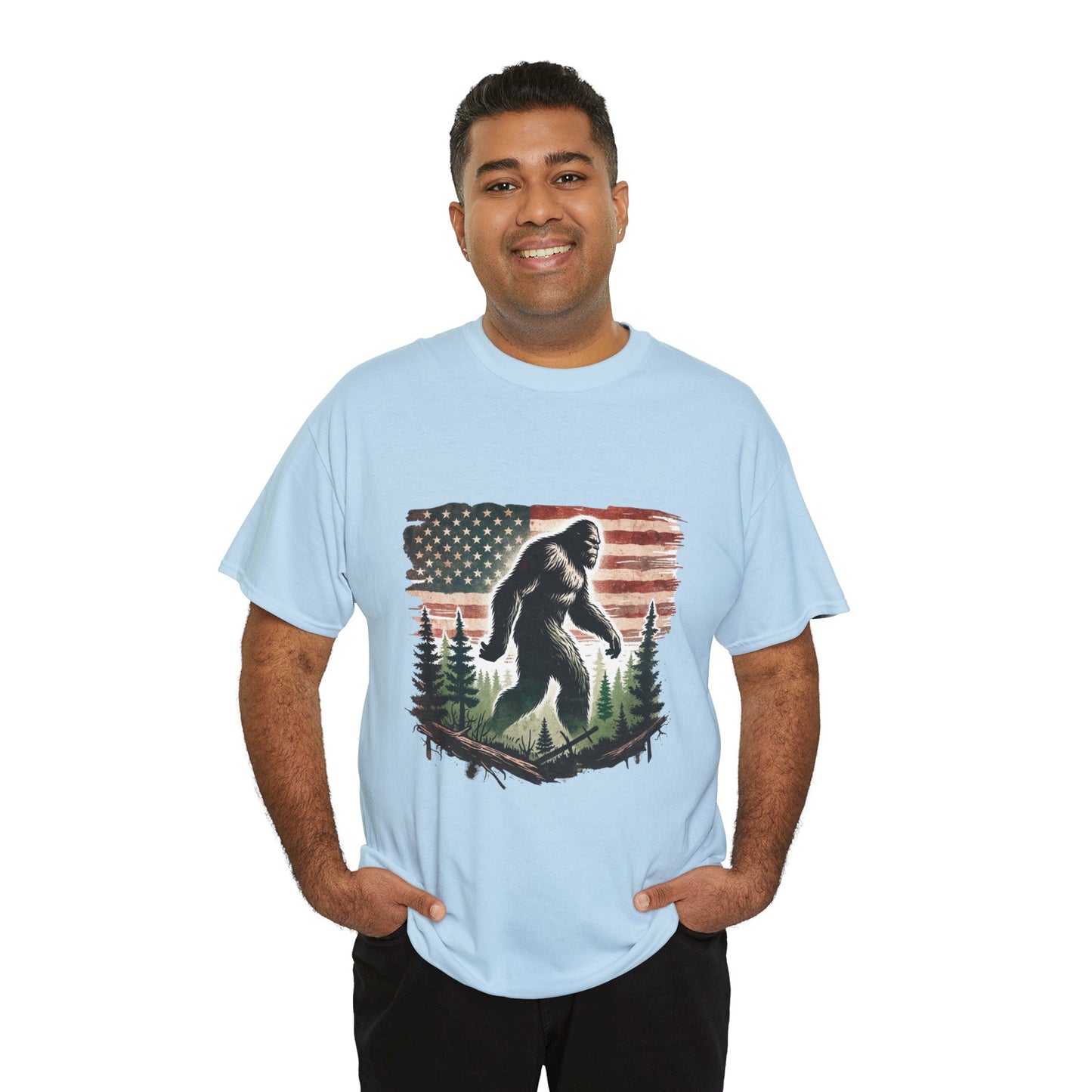 Bigfoot American Flag Shirt – Sasquatch Forest Graphic Cotton Tee