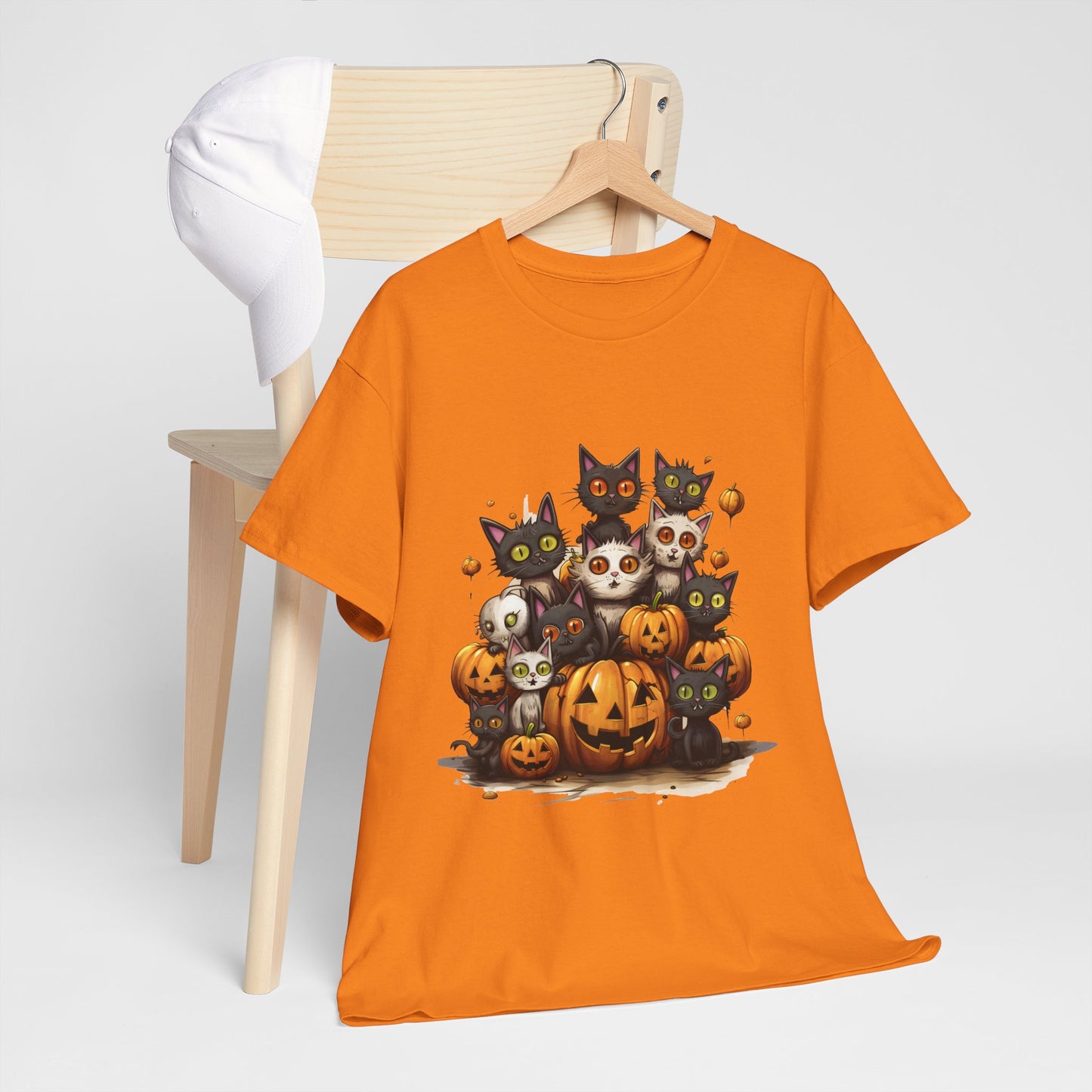 Funny Halloween Cat & Pumpkins Design Unisex Heavy Cotton Tee - 100% Cotton, Classic Fit