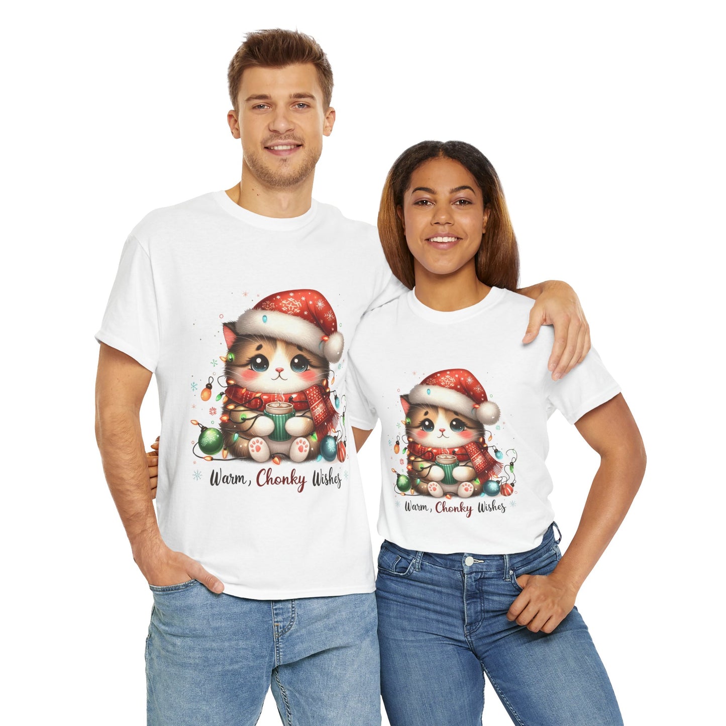 Warm Chonky Wishes Cat Unisex Heavy Cotton Tee - Festive Front Print - 100% Cotton