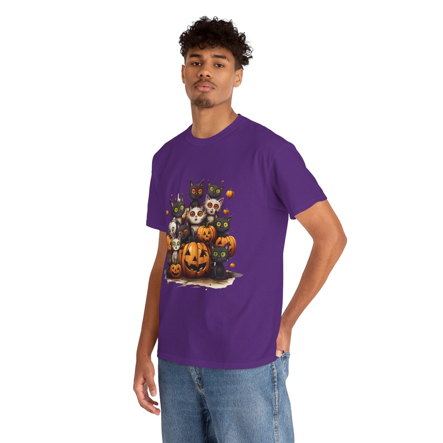 Funny Halloween Cat & Pumpkins Design Unisex Heavy Cotton Tee - 100% Cotton, Classic Fit