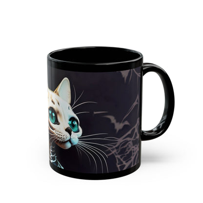 Cat Skeleton Halloween Mug - 11oz Black Ceramic - Spooky Coffee Cup