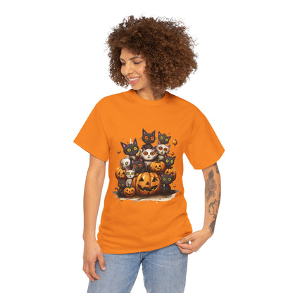 Funny Halloween Cat & Pumpkins Design Unisex Heavy Cotton Tee - 100% Cotton, Classic Fit