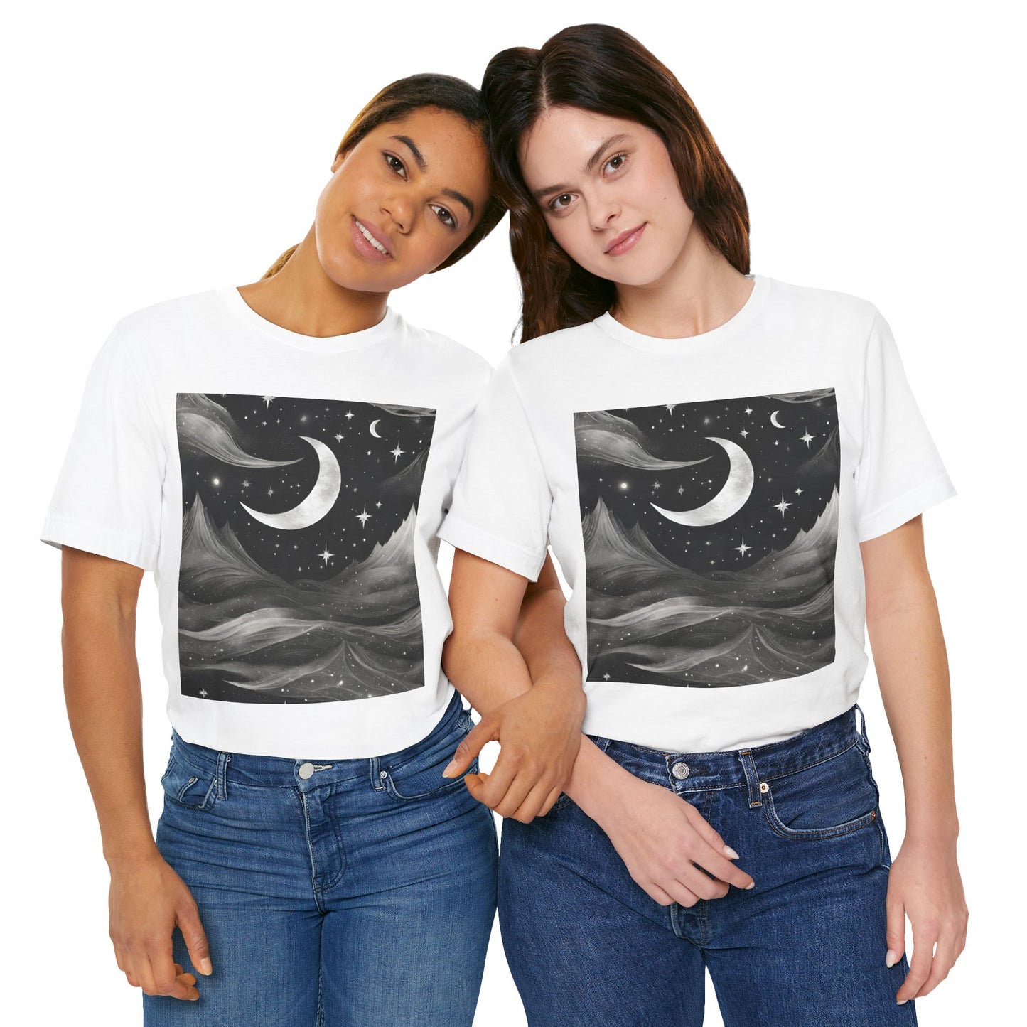 Lunar Love Unleashed: Embrace the Night Sky with Our Moon-Print Unisex Tee!