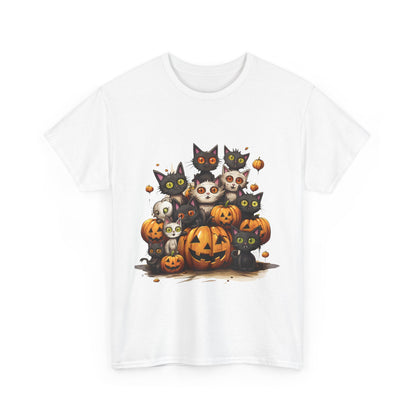 Funny Halloween Cat & Pumpkins Design Unisex Heavy Cotton Tee - 100% Cotton, Classic Fit