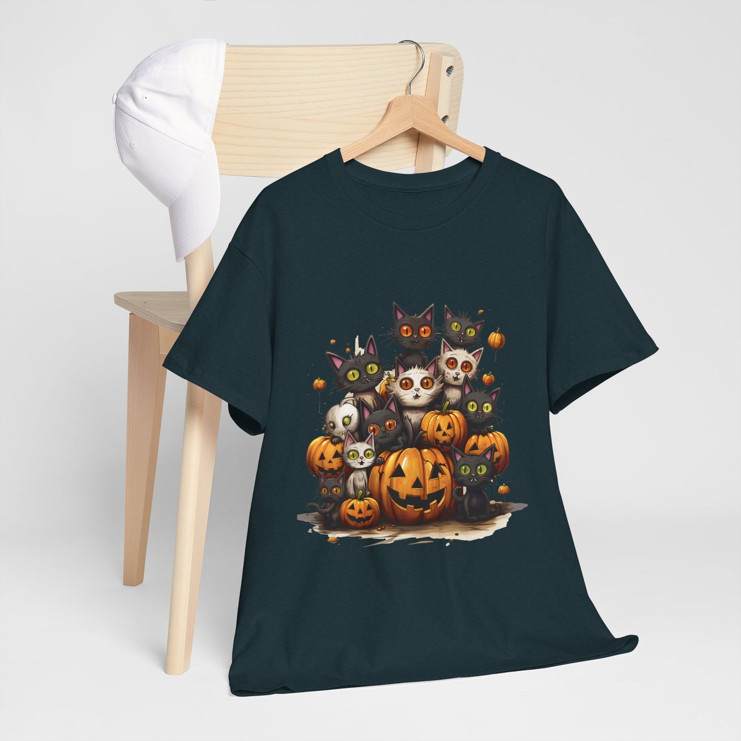 Funny Halloween Cat & Pumpkins Design Unisex Heavy Cotton Tee - 100% Cotton, Classic Fit