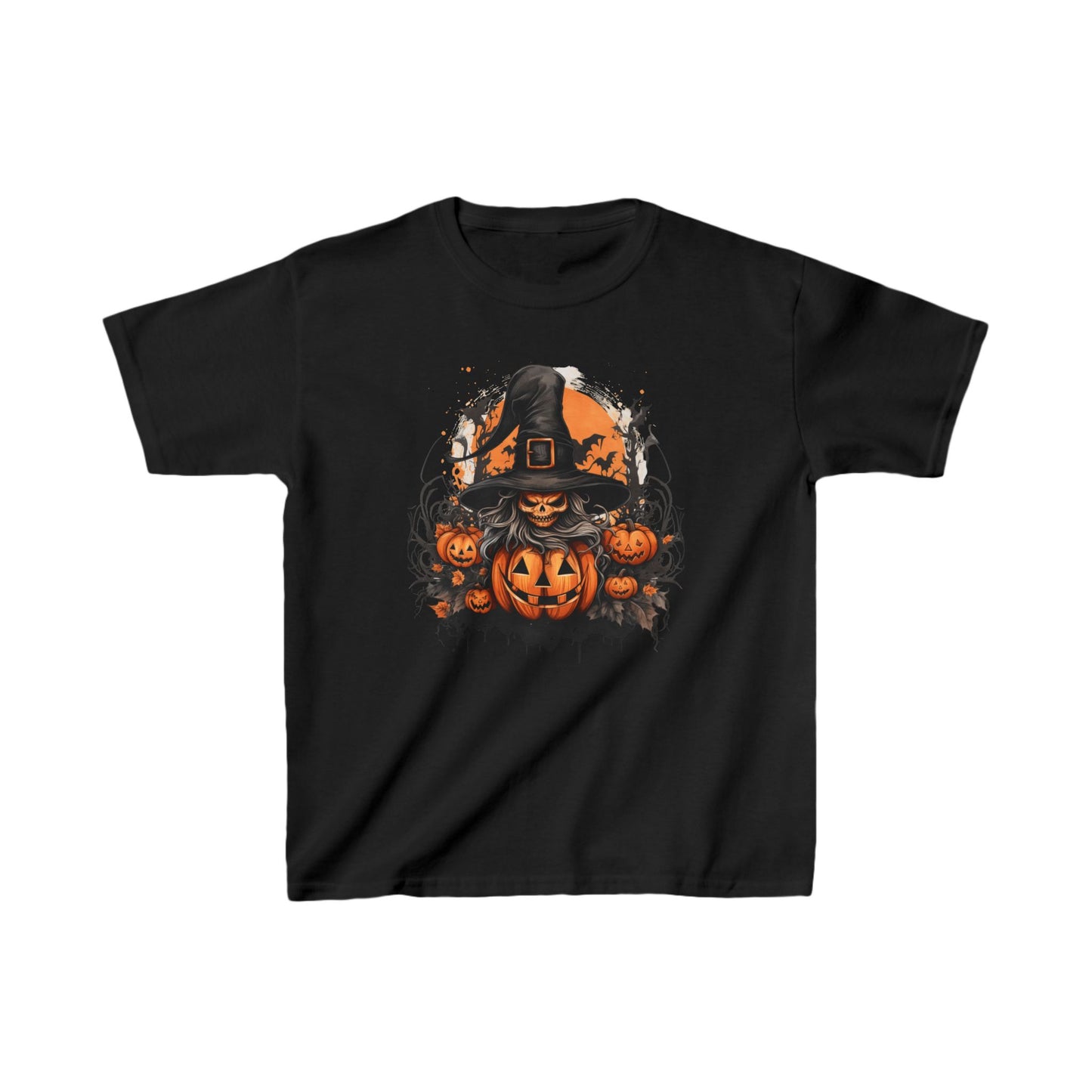 Kids Halloween Witch Pumpkin Design Heavy Cotton Tee - 100% Cotton, Classic Fit