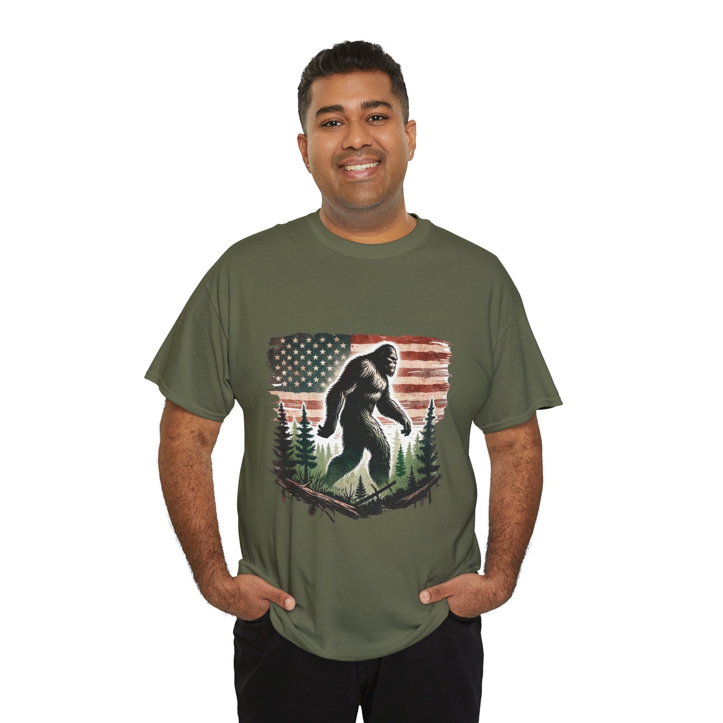 Bigfoot American Flag Shirt – Sasquatch Forest Graphic Cotton Tee