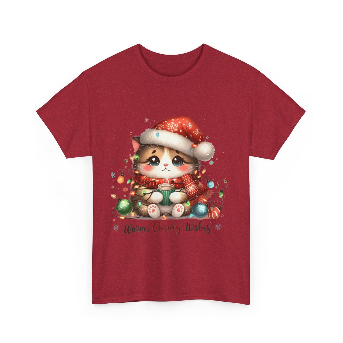 Warm Chonky Wishes Cat Unisex Heavy Cotton Tee - Festive Front Print - 100% Cotton