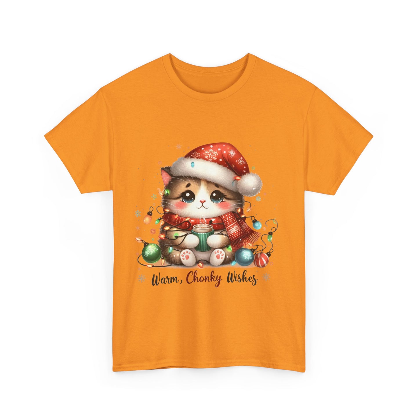 Warm Chonky Wishes Cat Unisex Heavy Cotton Tee - Festive Front Print - 100% Cotton