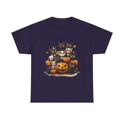 Funny Halloween Cat & Pumpkins Design Unisex Heavy Cotton Tee - 100% Cotton, Classic Fit