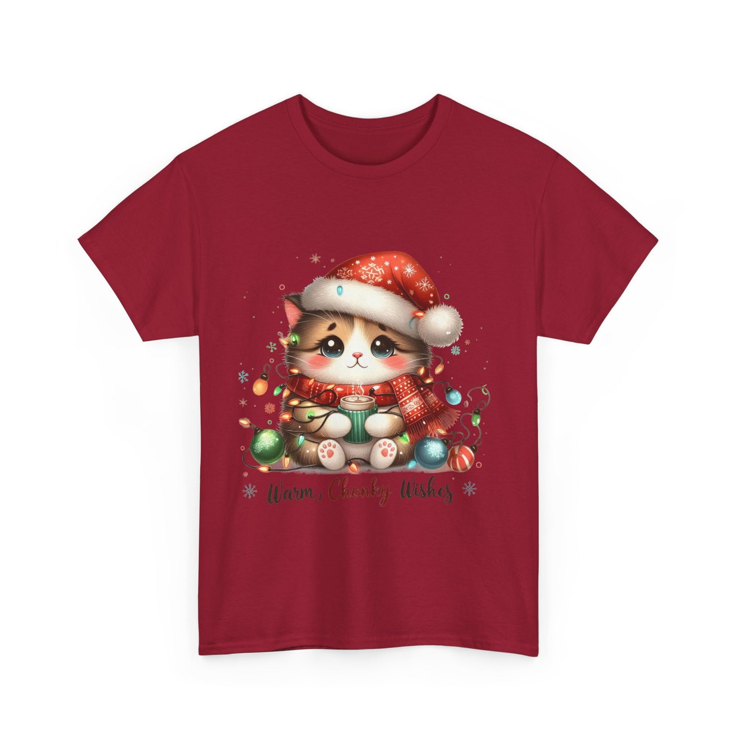 Warm Chonky Wishes Cat Unisex Heavy Cotton Tee - Festive Front Print - 100% Cotton