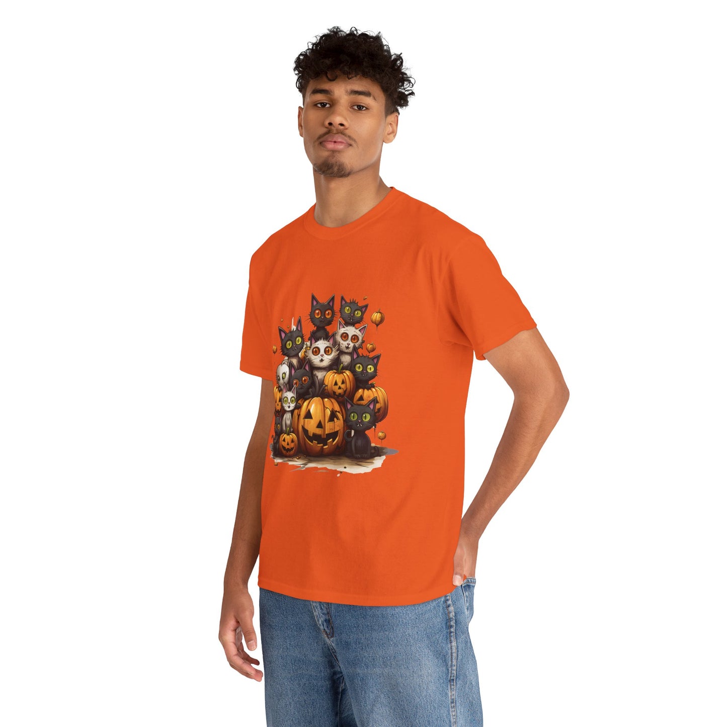 Funny Halloween Cat & Pumpkins Design Unisex Heavy Cotton Tee - 100% Cotton, Classic Fit