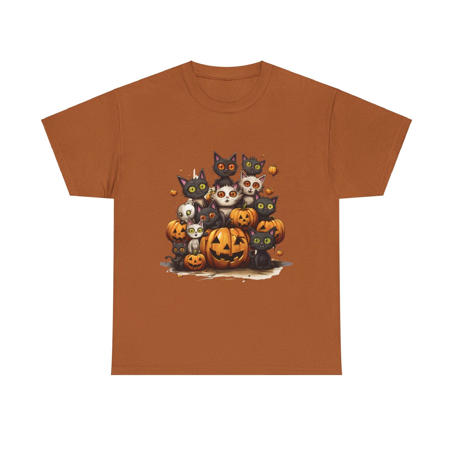 Funny Halloween Cat & Pumpkins Design Unisex Heavy Cotton Tee - 100% Cotton, Classic Fit