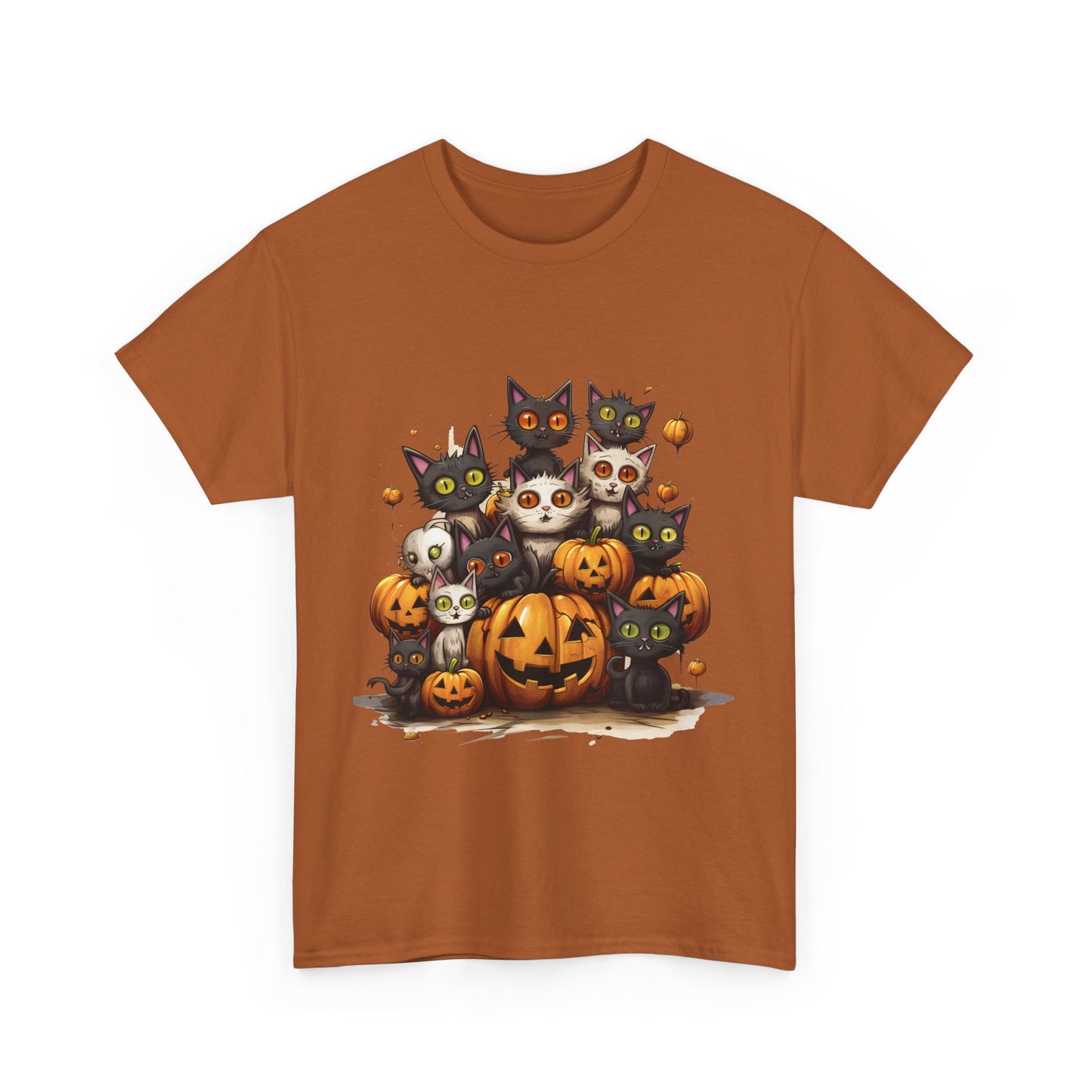 Funny Halloween Cat & Pumpkins Design Unisex Heavy Cotton Tee - 100% Cotton, Classic Fit