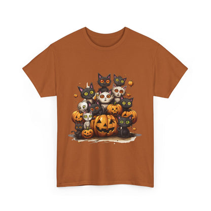 Funny Halloween Cat & Pumpkins Design Unisex Heavy Cotton Tee - 100% Cotton, Classic Fit