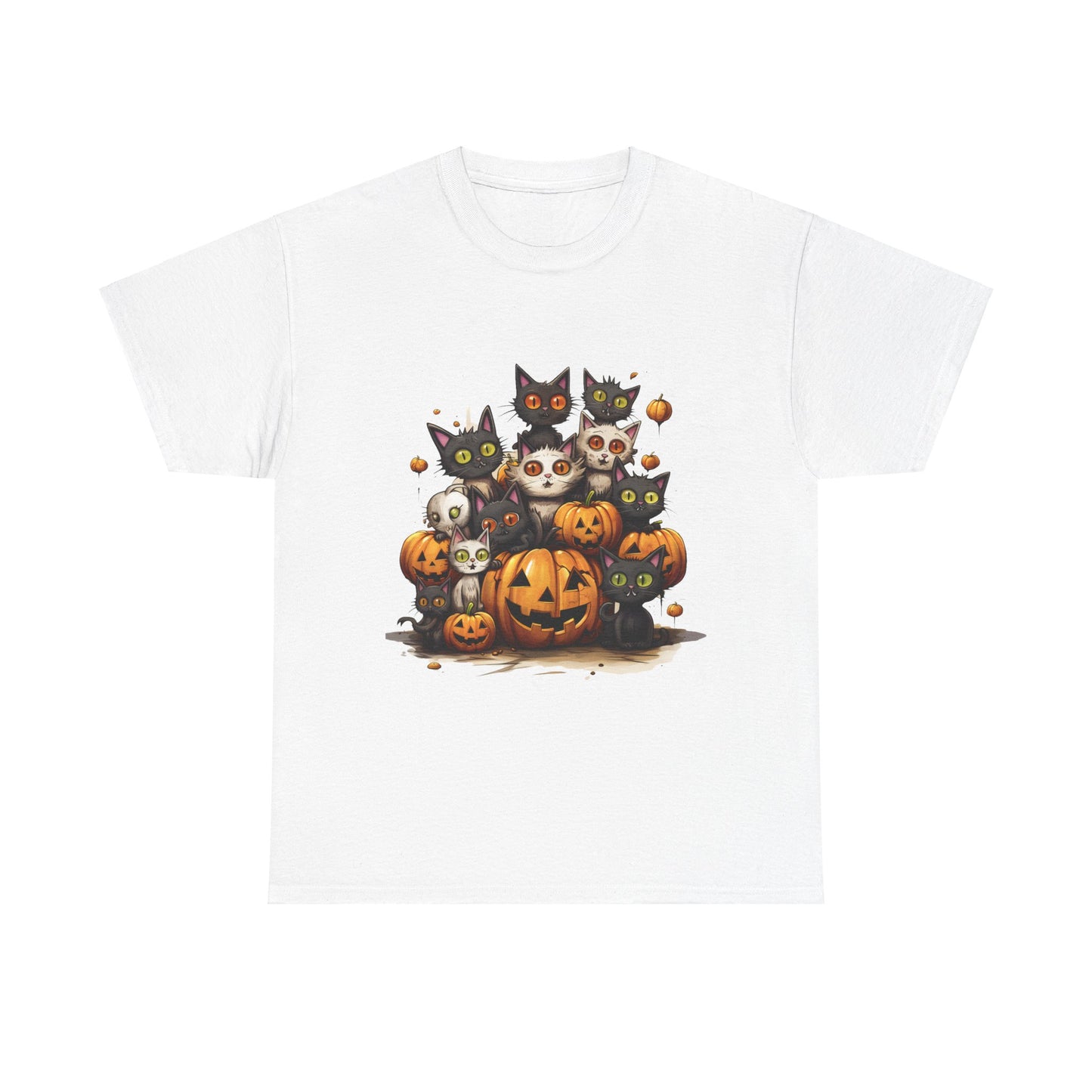 Funny Halloween Cat & Pumpkins Design Unisex Heavy Cotton Tee - 100% Cotton, Classic Fit