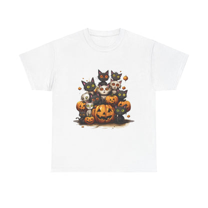 Funny Halloween Cat & Pumpkins Design Unisex Heavy Cotton Tee - 100% Cotton, Classic Fit