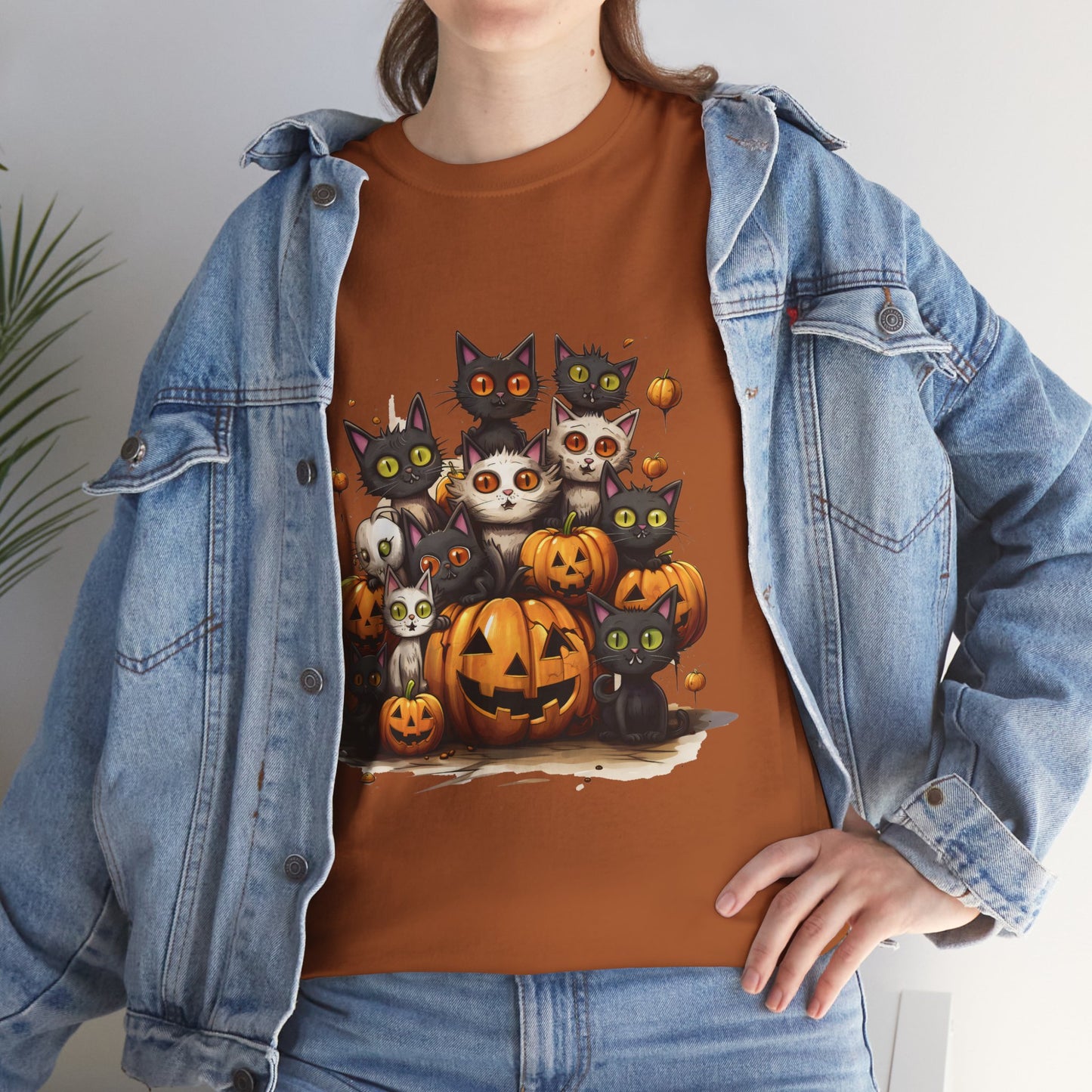 Funny Halloween Cat & Pumpkins Design Unisex Heavy Cotton Tee - 100% Cotton, Classic Fit