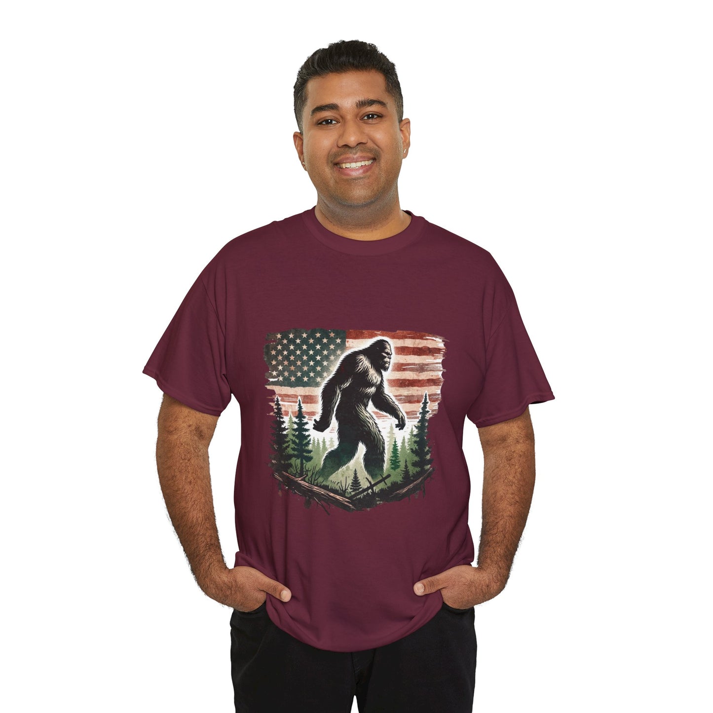 Bigfoot American Flag Shirt – Sasquatch Forest Graphic Cotton Tee
