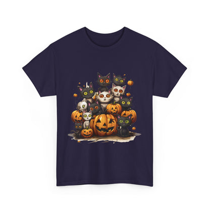 Funny Halloween Cat & Pumpkins Design Unisex Heavy Cotton Tee - 100% Cotton, Classic Fit