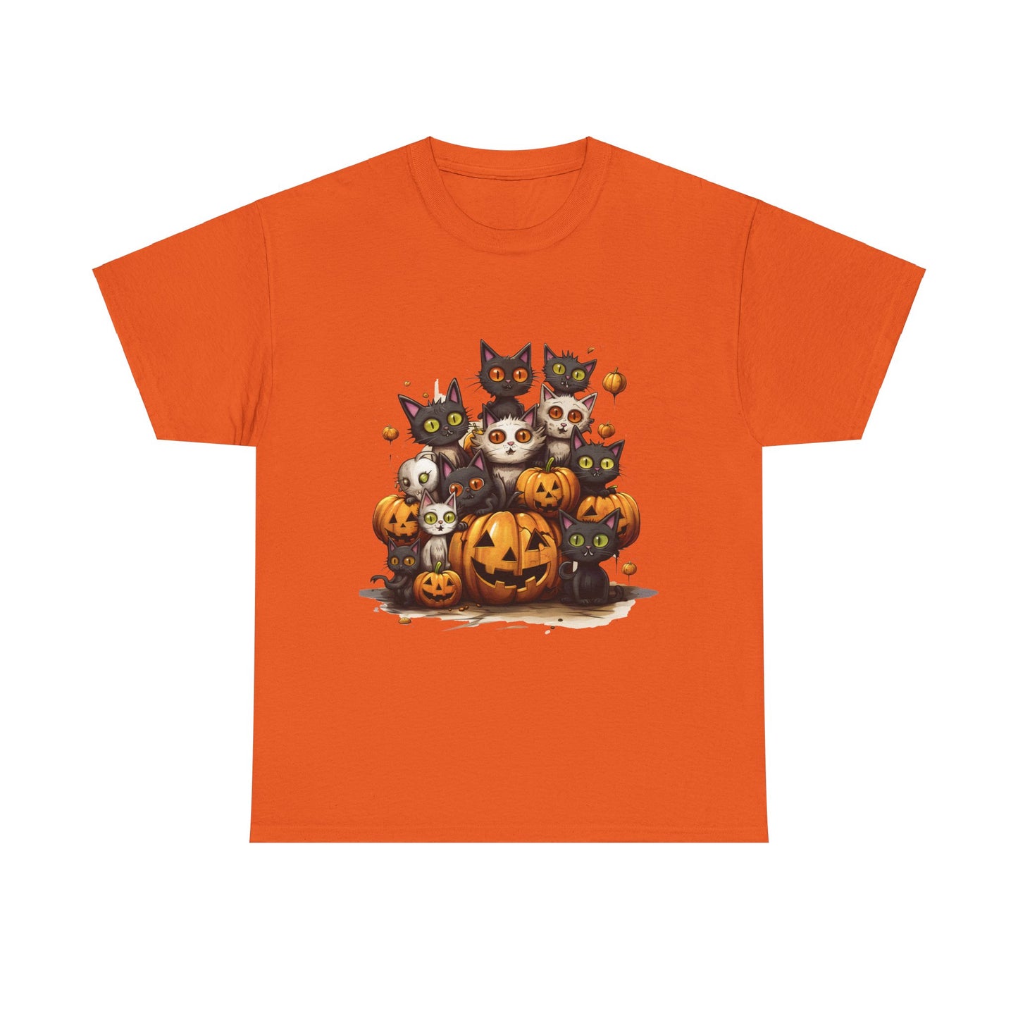 Funny Halloween Cat & Pumpkins Design Unisex Heavy Cotton Tee - 100% Cotton, Classic Fit