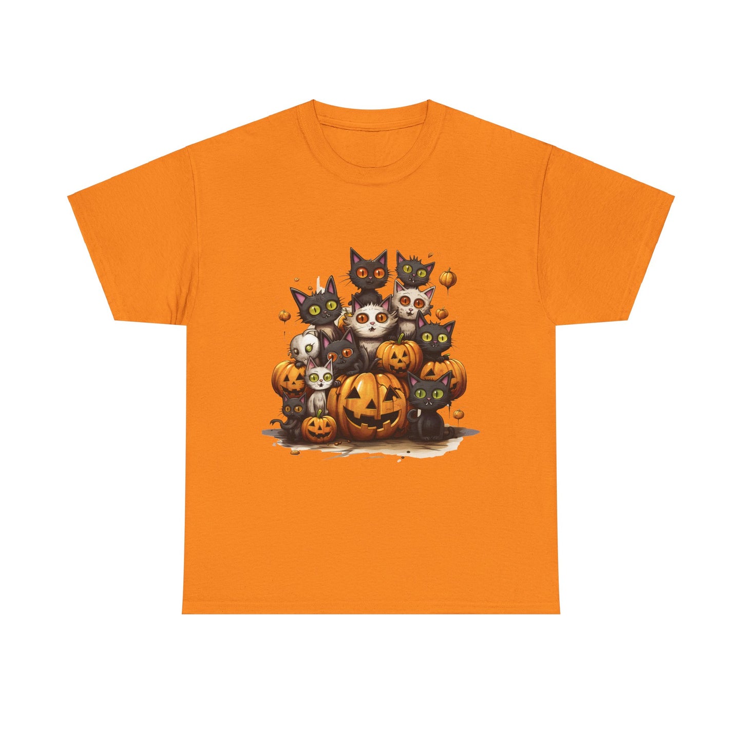 Funny Halloween Cat & Pumpkins Design Unisex Heavy Cotton Tee - 100% Cotton, Classic Fit