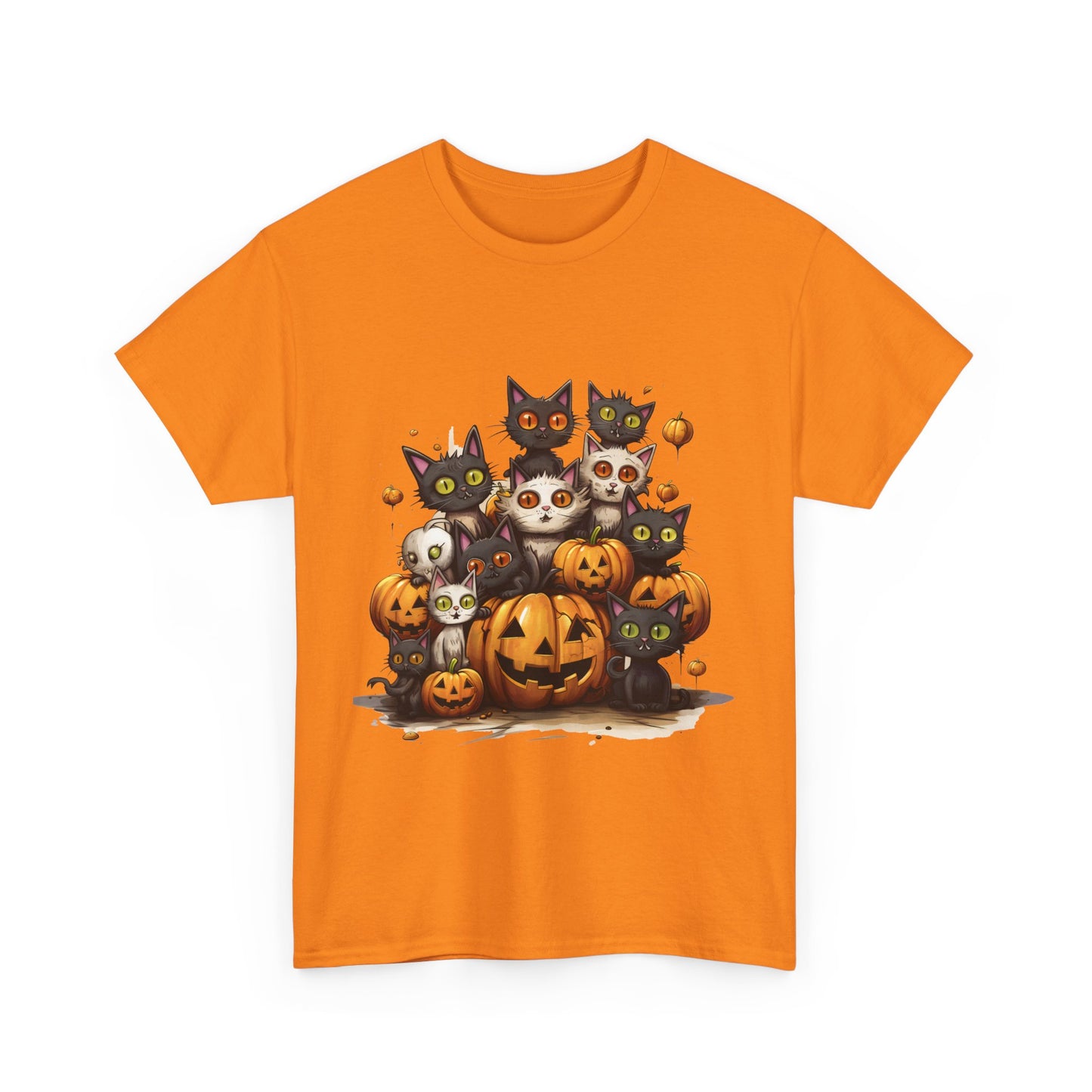 Funny Halloween Cat & Pumpkins Design Unisex Heavy Cotton Tee - 100% Cotton, Classic Fit