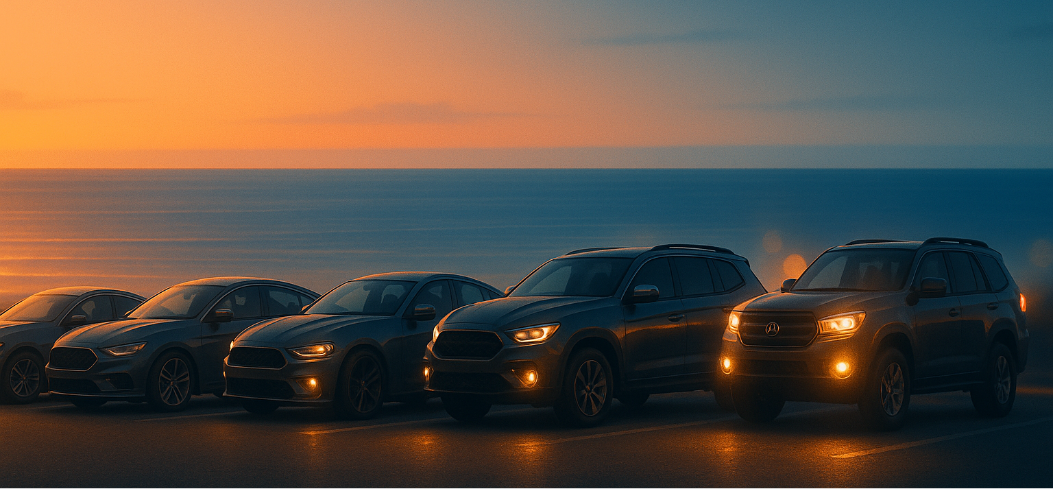 Row of cars parked on a road with a sunset sky